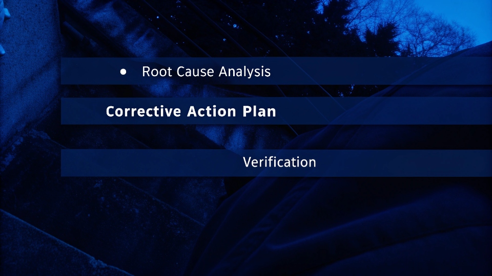 Addressing Non-Conformities Found in Audits A formal Corrective Action Plan document showing steps for 'Root Cause Analysis,' 'Corrective Action,' and 'Verification.'