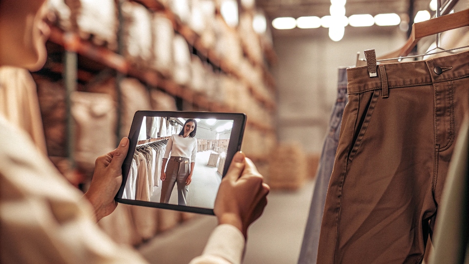 Remote QC Support for Custom Jeans A person inspecting jeans in their warehouse while on a video call with a factory QC expert on a tablet screen.