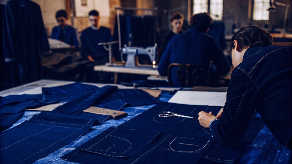 A young designer sketching jean designs in a modern workshop.