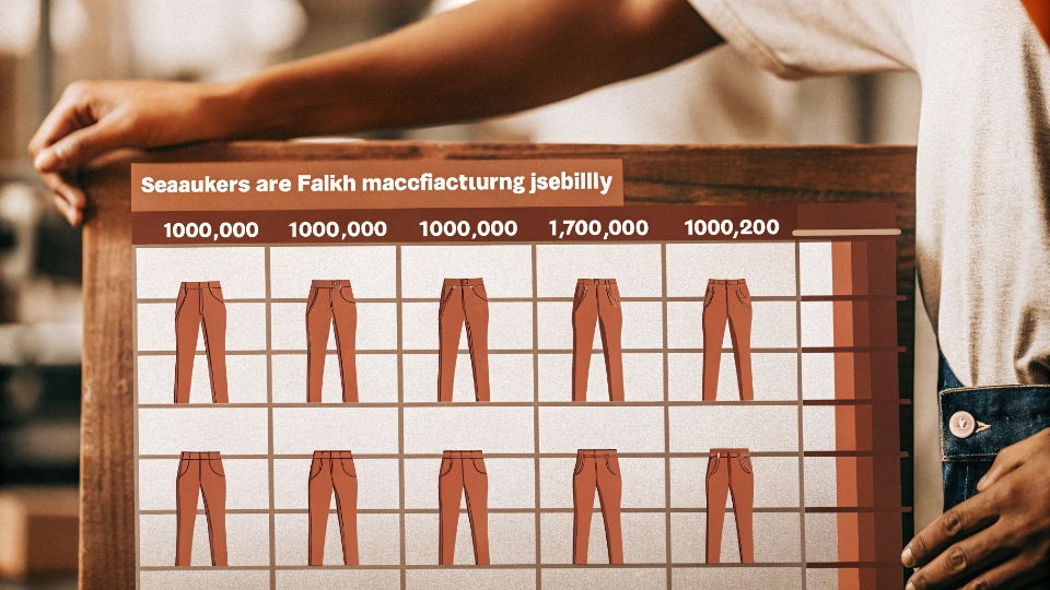 Scaling Jeans Production for Brand Growth A graph showing an upward growth trend with illustrations of jeans pairs at different points, representing business growth and manufacturing scalability.