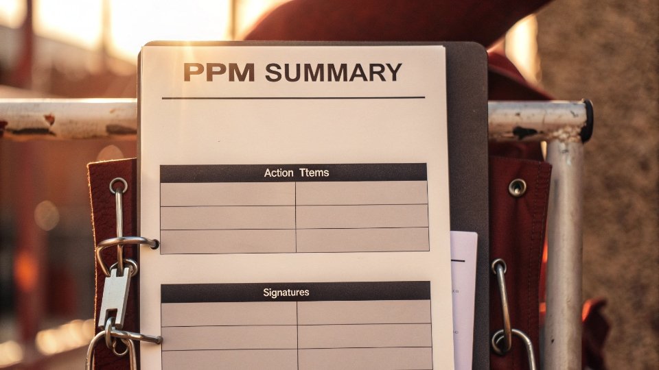 Official Pre-Production Meeting Summary Document A professionally formatted PDF document titled 'PPM Summary' with sections for action items and signatures.