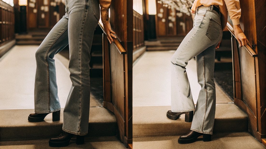 Straight-Leg Jeans Converted to Bell Bottoms A before-and-after image showing a pair of straight-leg jeans on one side and the same jeans converted to bell-bottoms on the other.