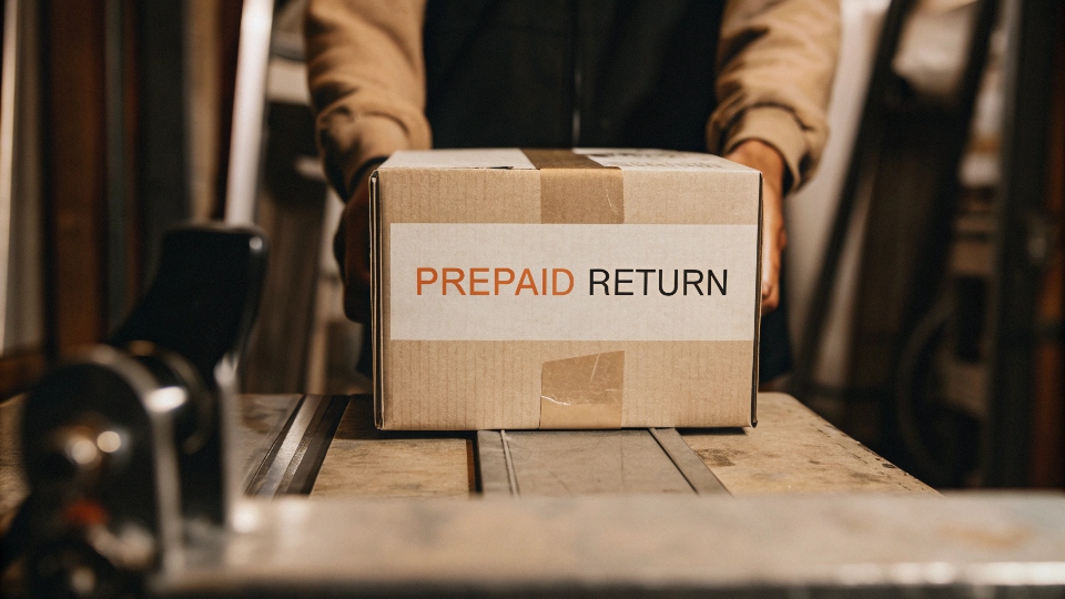 Reimbursement of Return Shipping Costs for Defective Jeans A shipping box with a prominent "PREPAID RETURN" label, ready to be sent back at no cost to the client.