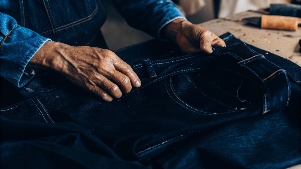 A close-up of an artisan's hands carefully hand-sanding a pair of jeans