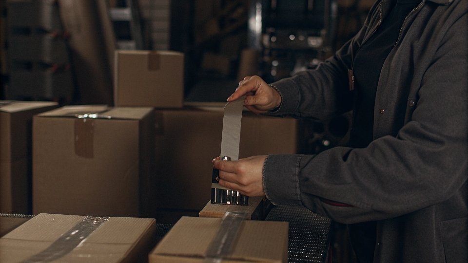Pre-Packing Jean Orders for Retailers A factory worker applying a detailed label to an inner carton that shows the style, color, and size breakdown