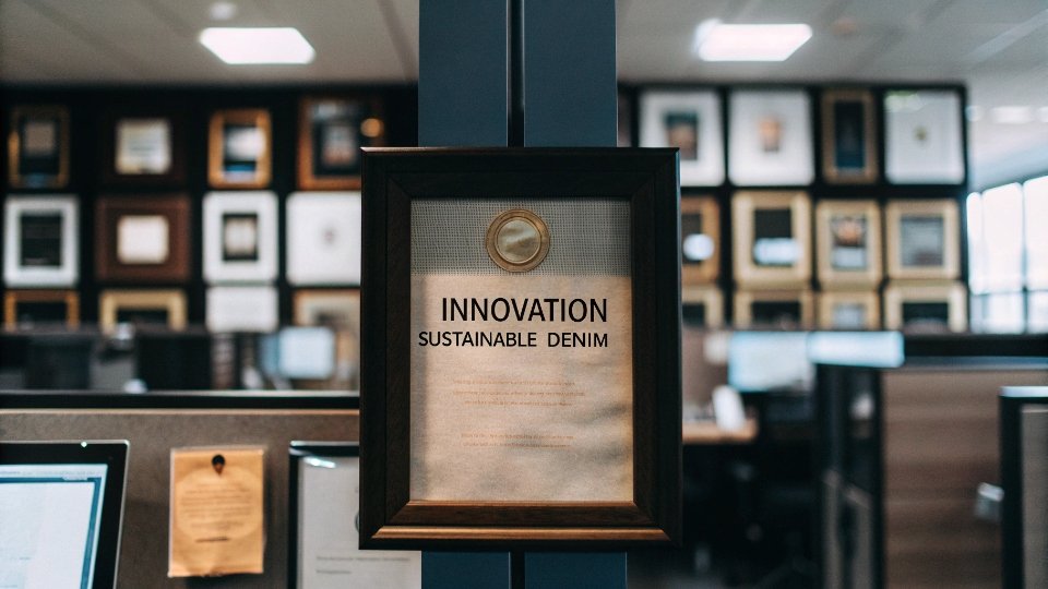 Government Incentives for Sustainable Jeans A certificate of innovation for sustainable denim, displayed in a factory office, symbolizing government incentives.
