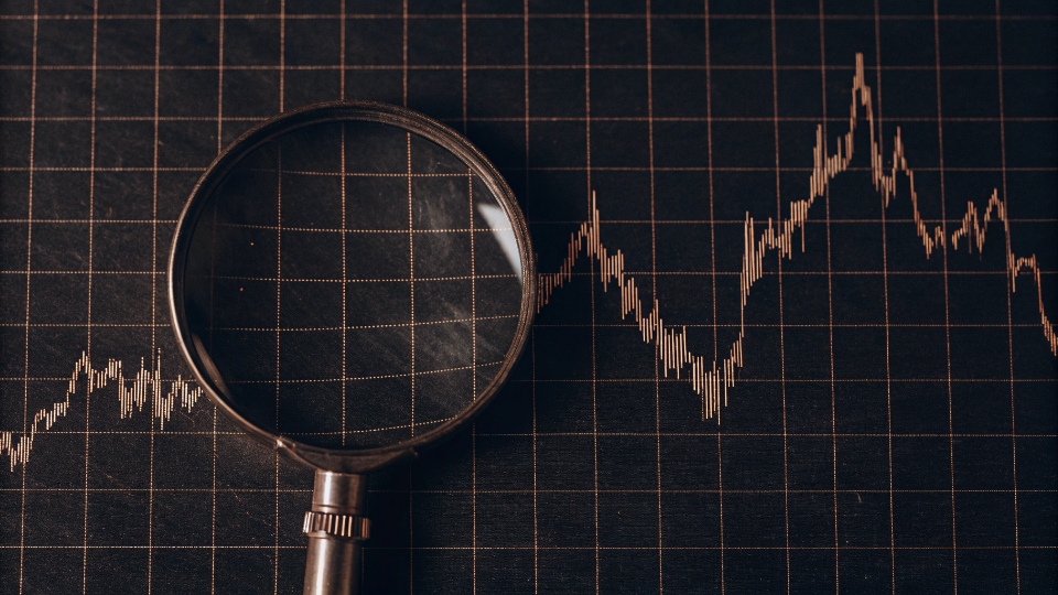 Analyzing Currency Risk for Jean Imports A graph showing volatile currency fluctuations between the USD and RMB with a magnifying glass over it.