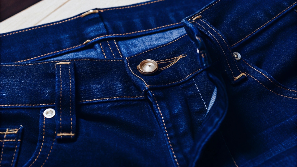 A close-up shot showing the high-quality stitching and fabric of a premium pair of jeans.