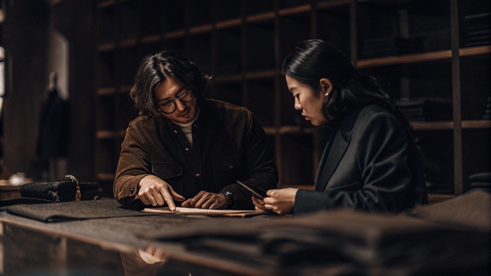 Fluent English Communication for Denim Production A Western designer attentively discussing denim swatches with a fluent English-speaking Chinese account manager.