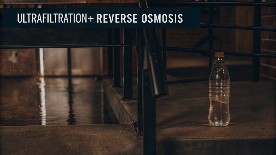 Recycled Wash Water for Jean Production A split image showing cloudy wastewater on one side and crystal clear recycled water on the other