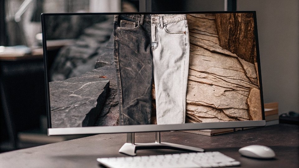 Digital Tweaking of Denim Textures and Washes A split-screen comparison on a monitor showing the same 3D jean model with a dark raw wash on one side and a light stone wash on the other.