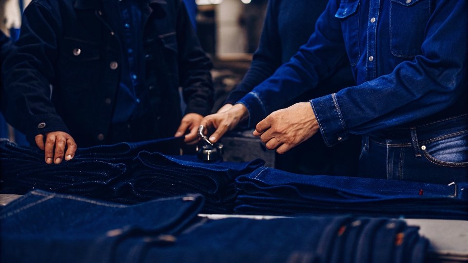On-Site Collaborative Design Workshop A design team huddled around a table in a factory workshop, examining denim swatches and hardware.