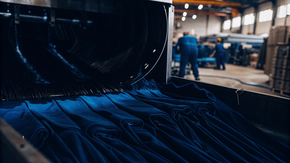 An industrial dryer tumbling jeans in a factory setting