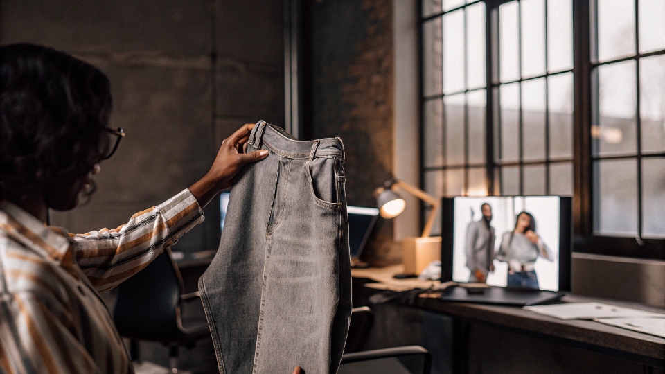 Remote Approval of Laser Test Scan A designer on a video call with the factory manager, who is holding up a laser-etched jean to the camera for real-time review.