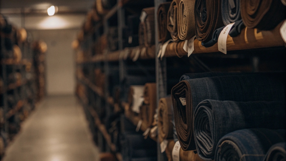 Fabric Reservation Service for Custom Denim Rolls of specific denim fabric stored in a clean warehouse with reserve tags on them