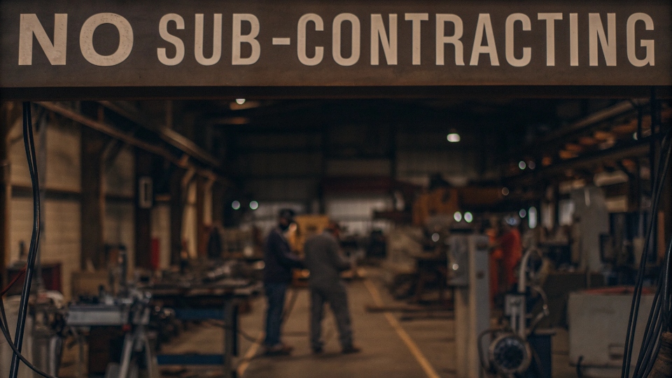Guaranteeing No Sub-Contracting for Jean Projects A factory floor with a "No Sub-Contracting" sign prominently displayed above the workers