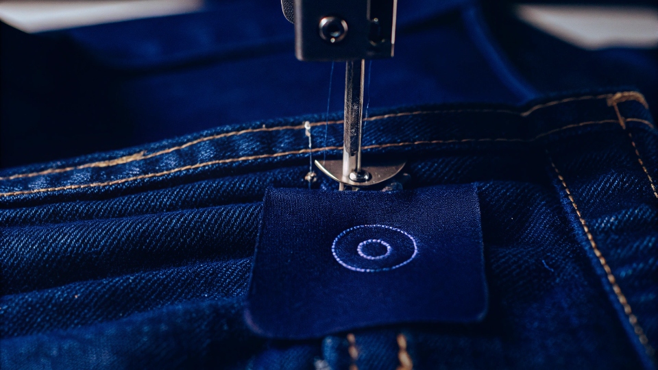 Embedding RFID Tag into Jeans Label A close-up of a flexible RFID tag being professionally sewn into the waistband seam of a pair of jeans.