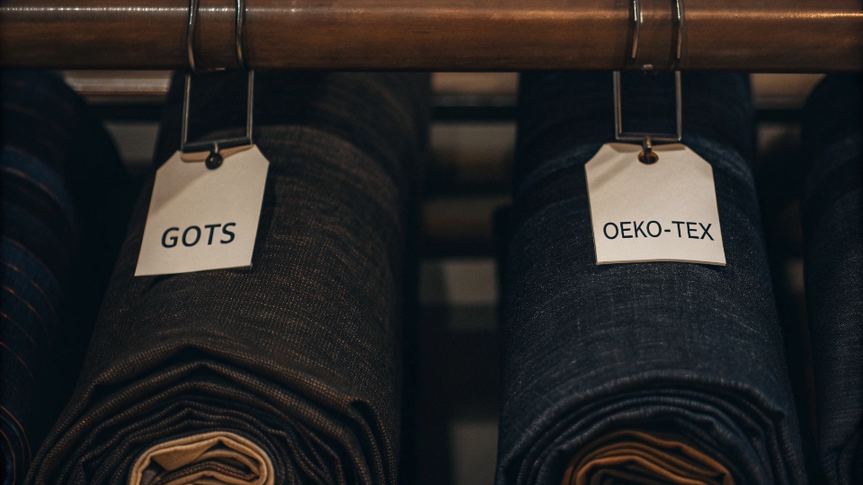 GOTS and Oeko-Tex Certified Denim Fabrics Rolls of denim fabric with visible GOTS and Oeko-Tex certification tags attached