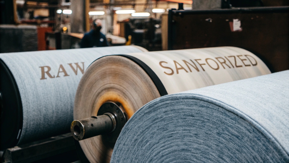 Planning Raw and Sanforized Denim Production Two large rolls of denim fabric, one labeled 'RAW' and the other 'SANFORIZED', ready for production.