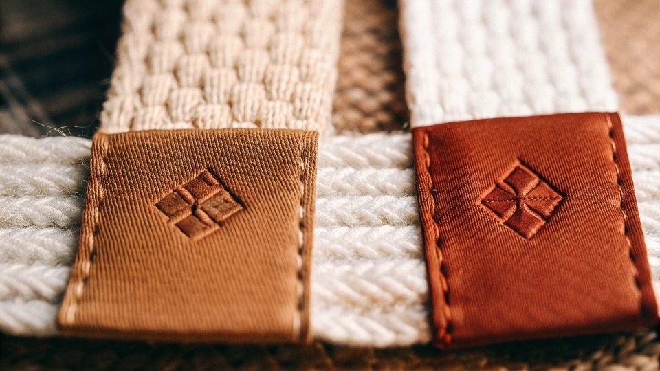 Dual-Brand Woven Neck Label A close-up of a high-definition woven neck label featuring two distinct brand logos harmoniously placed side-by-side.