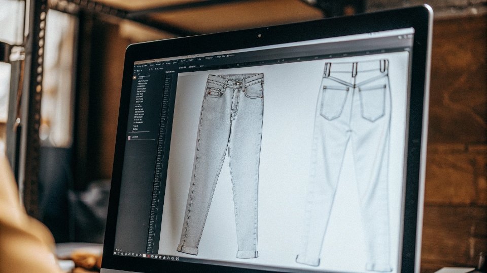 3D Rendering of Jean Designs from Tech Pack A computer screen showing a detailed 3D rendering of a pair of jeans next to the 2D technical sketch it was created from.