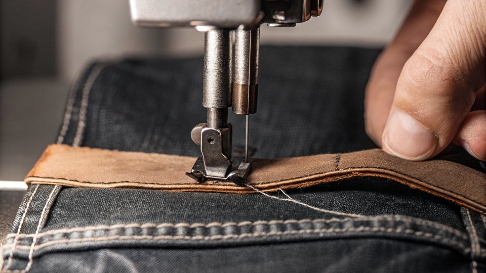 Securely Stitched Leather Patch on Jeans A close-up shot of a thick leather patch being securely stitched onto the waistband of a pair of jeans.
