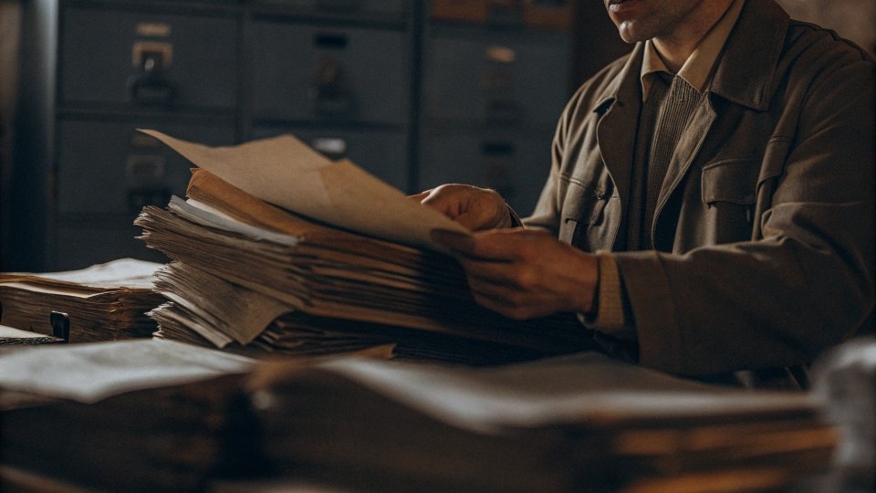 Processing VAT Refund Documents A factory administrator reviewing a stack of official documents, including a Chinese VAT invoice and a customs declaration form.