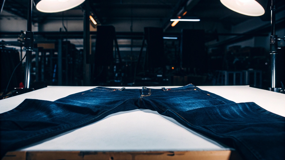 In-House Product Photography Studio A clean, professional photo studio setup within a factory, with a pair of jeans laid flat on a white background.