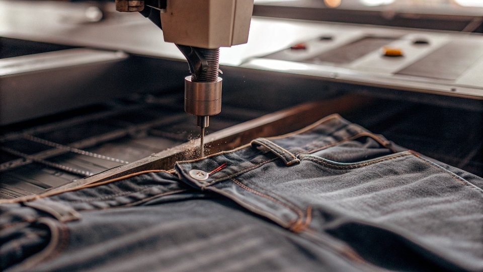 Laser and Ozone Finishing for Sustainable Denim A laser machine precisely etching a whisker pattern onto a pair of jeans