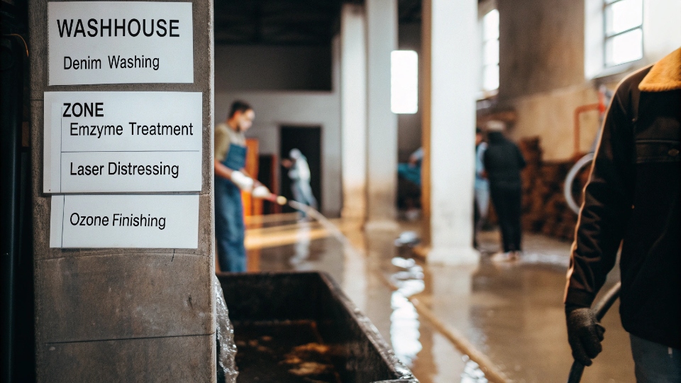 Dedicated Washhouses for Advanced Denim Techniques An organized modern washhouse with separate, clearly labeled zones for different denim washing techniques