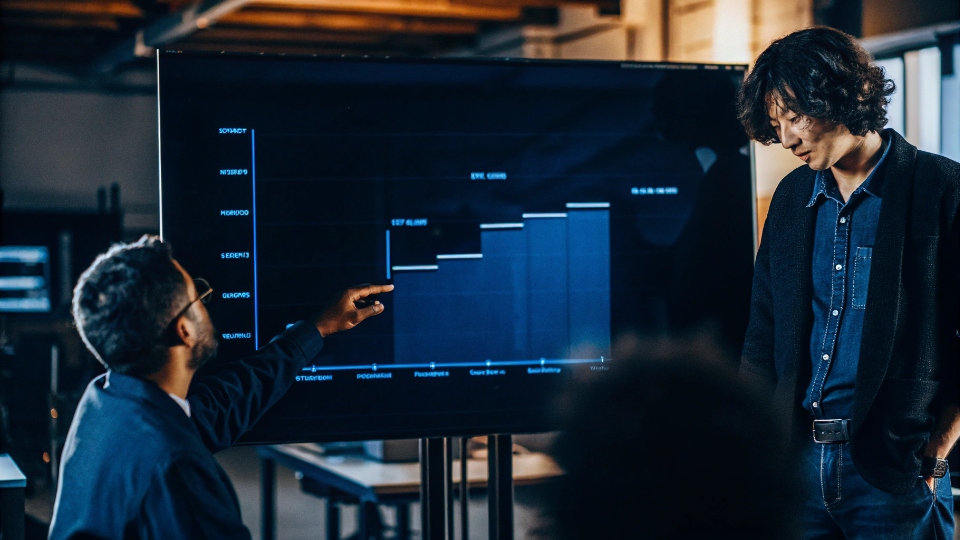 Planning Discontinuation of Legacy Styles A sales chart showing a gradual decline in orders for a legacy product, with a factory manager and designer discussing it.