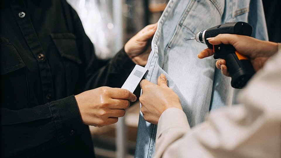 Applying Retailer-Specific Barcodes to Jeans A close-up of a factory worker meticulously applying a UPC barcode sticker to a jean's hangtag, with a retailer compliance manual visible in the background.