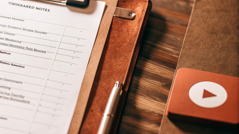 Recording and Timestamping Revision Requests A document with a list of timestamped notes next to a small video player icon, indicating a recorded session.