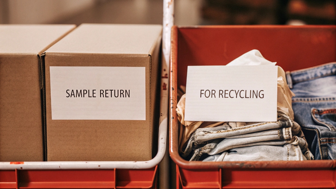 Sample Return and Recycling Options A split image showing a shipping box labeled "Sample Return" and a bin of denim scraps labeled "For Recycling"