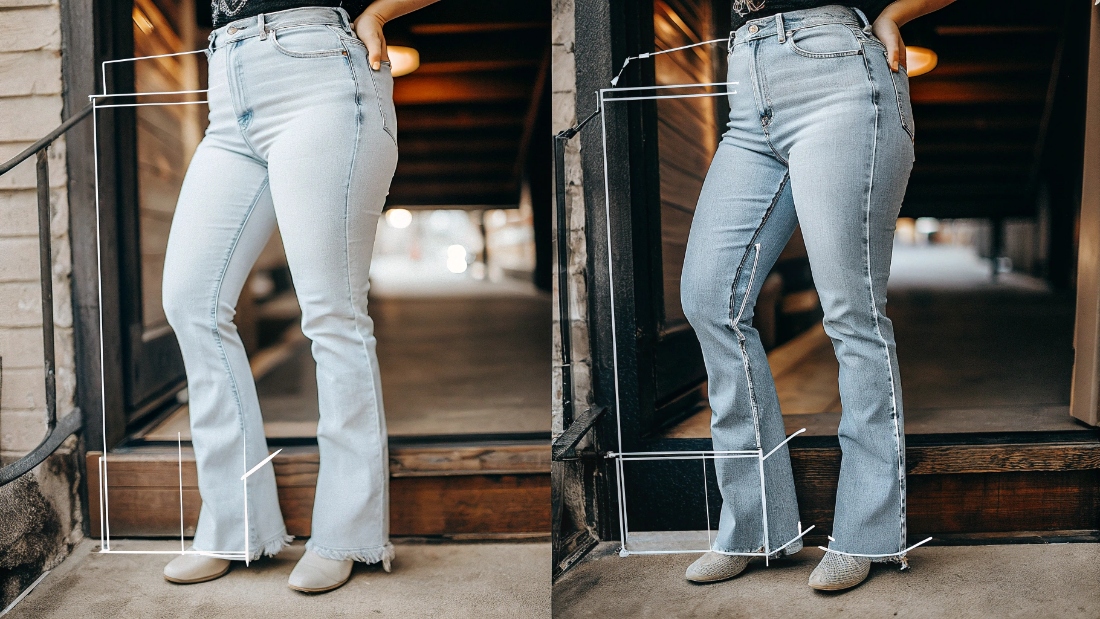 Modifying Skinny Jeans into Flares A diagram showing the difference in panel placement for straight-leg jeans versus skinny jeans.