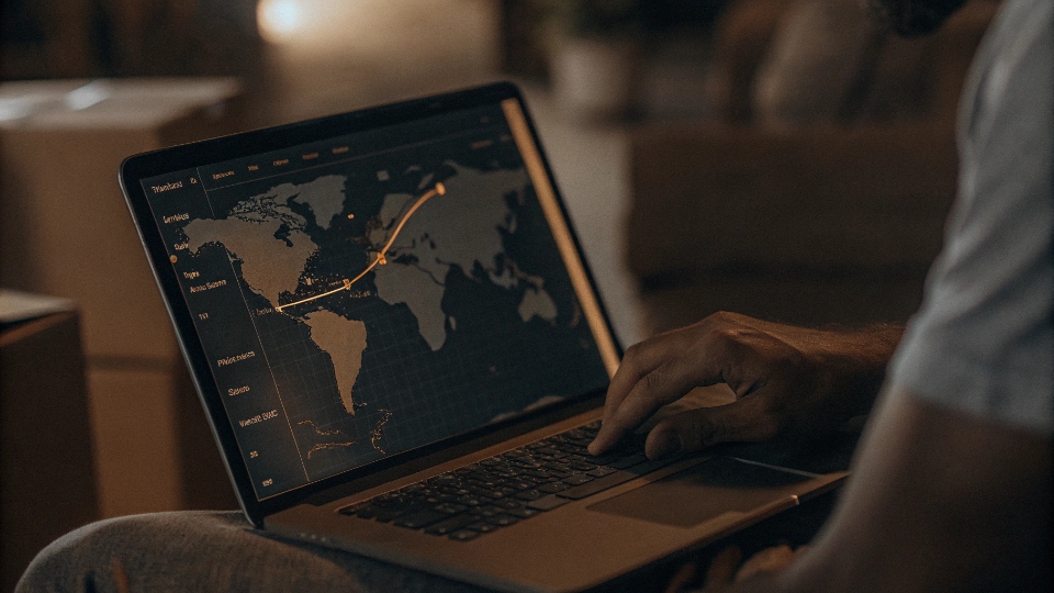 A person tracking a cargo shipment on a laptop, showing a world map with the delivery route