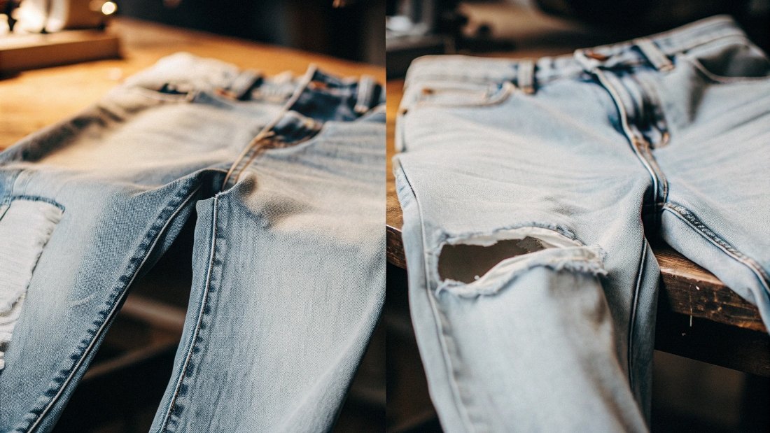 Repairing a Jean Crotch A before-and-after image showing a jean crotch with a hole, and then the same area repaired with an internal patch and darning stitches.