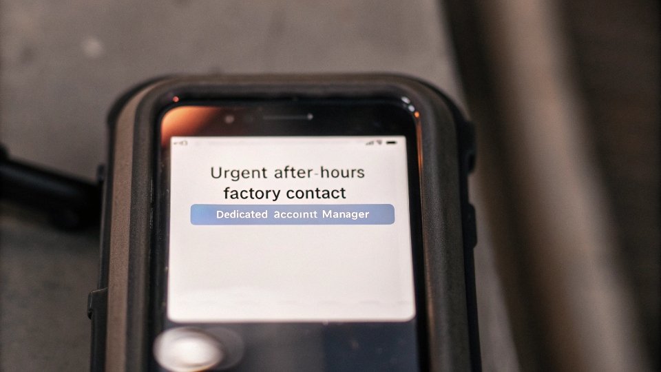 After-Hours Emergency Support for Urgent Issues A phone screen showing an urgent after-hours message sent to a factory contact at night, with a quick and reassuring reply.