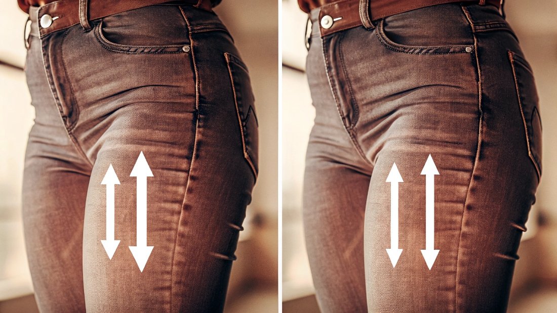 Friction and Tension on Jeans An animation-style graphic showing arrows indicating friction and tension points on the crotch of a pair of jeans during walking.