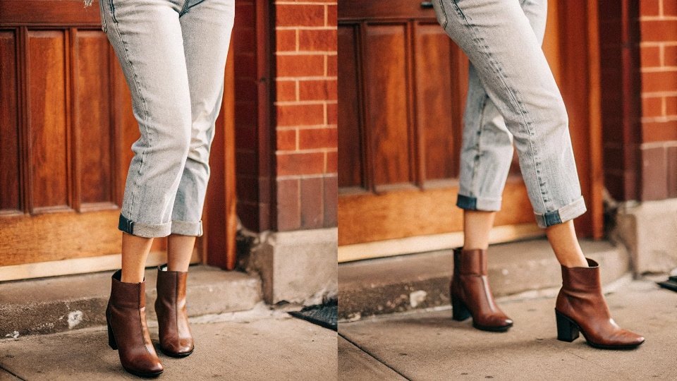Woman Wearing 27 Inch Inseam Cropped Jeans A stylish woman wearing ankle boots, with her cropped jeans clearly showing a 27-inch inseam that hits mid-calf.