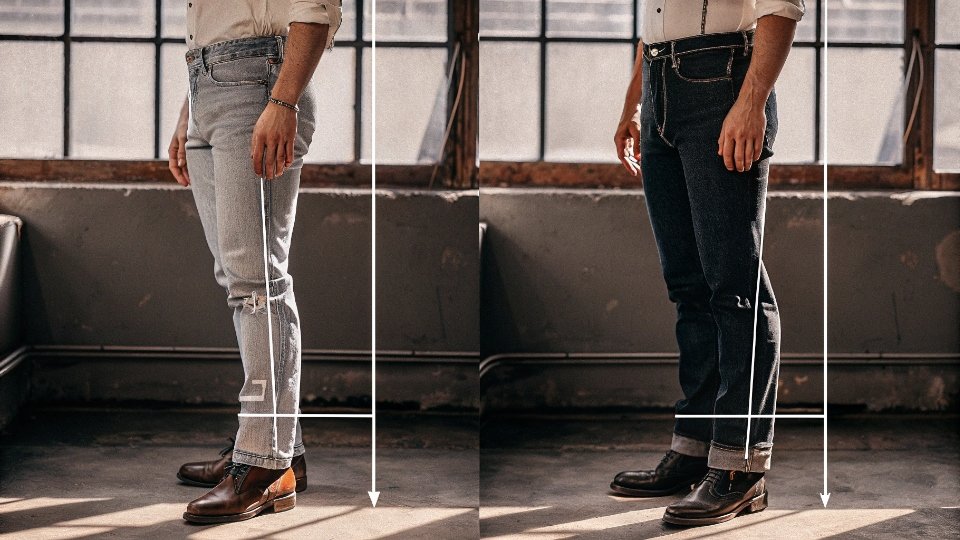 Straight Leg vs. Stove Pipe Jean Silhouettes A diagram comparing the pattern outlines of a straight leg jean and a stove pipe jean, showing the difference in the hip and thigh area.