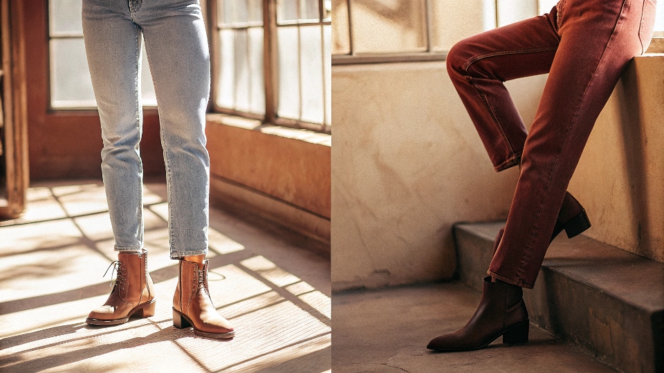 Comparison of Slim and Tapered Jeans A side-by-side photo showing a person in slim-fit jeans and another person in relaxed-tapered jeans.