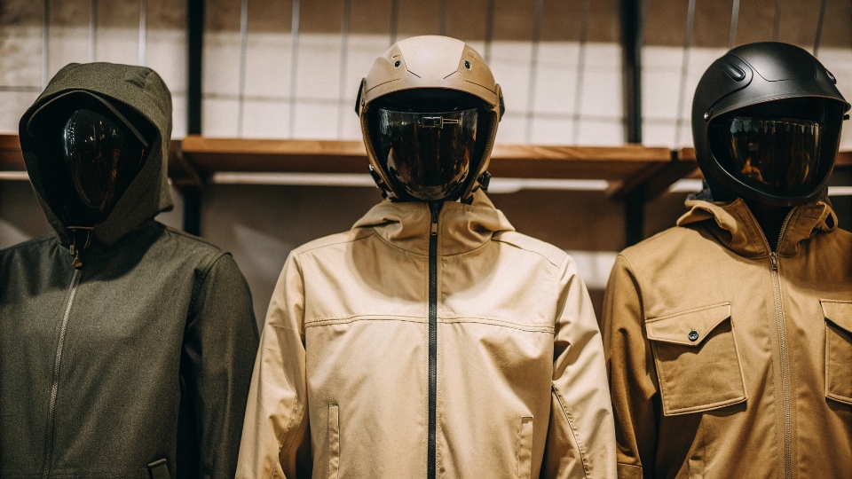 Unsuitable Jackets for Motorcycle Riding A collection of unsuitable jackets for riding: a hoodie, a light bomber jacket, and a simple windbreaker.