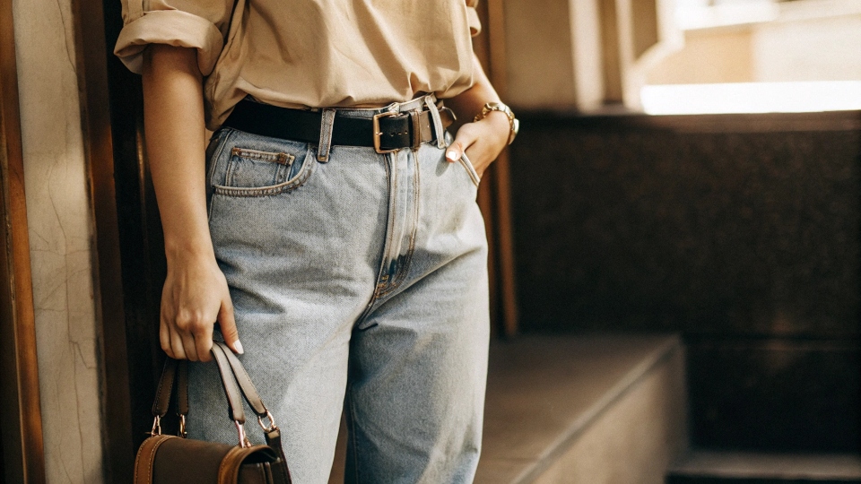 How to Not Look Frumpy in Baggy Jeans A woman looking chic and polished in baggy jeans, a tucked-in t-shirt, a leather belt, and carrying a structured handbag.
