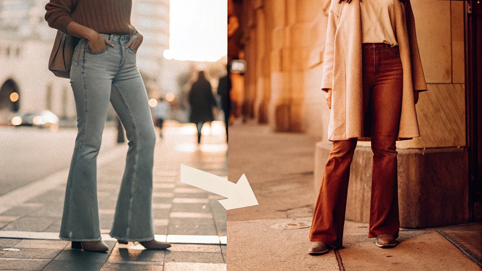 What Not to Wear with Wide-Leg Jeans A diagram showing an unflattering silhouette with a long tunic over wide-leg jeans next to a flattering one with a tucked-in shirt.