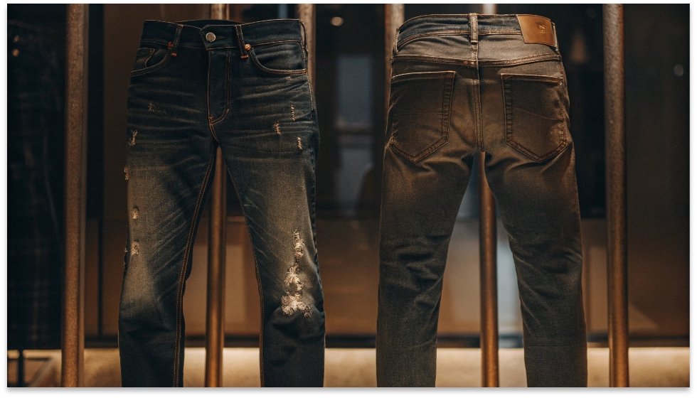 Expensive Diesel Jeans in a Retail Setting A pair of intricately washed and distressed Diesel jeans on display in a high-end store.