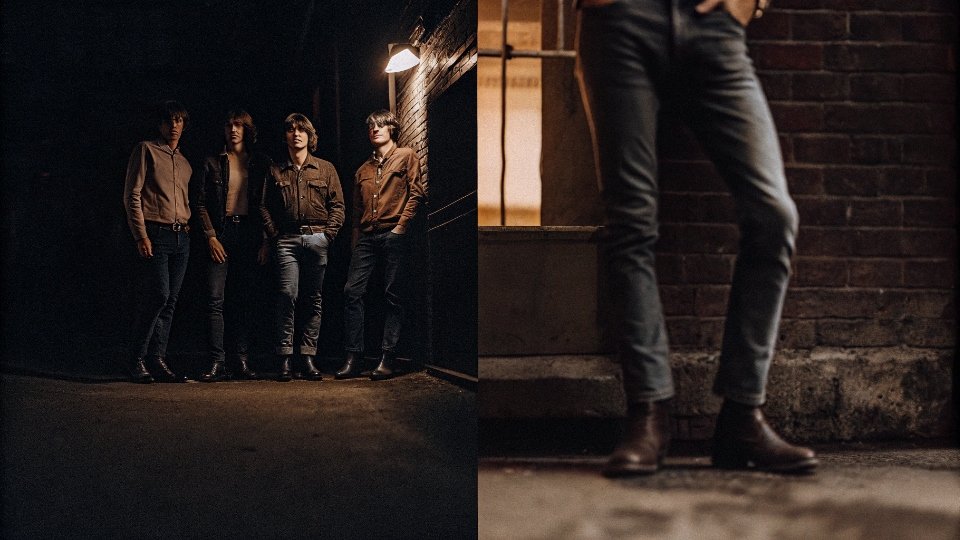 The Historical Difference Between Drainpipe and Stovepipe A historical photo of a 1960s rock band in tight drainpipe jeans next to a modern photo of someone in more relaxed stovepipe jeans.
