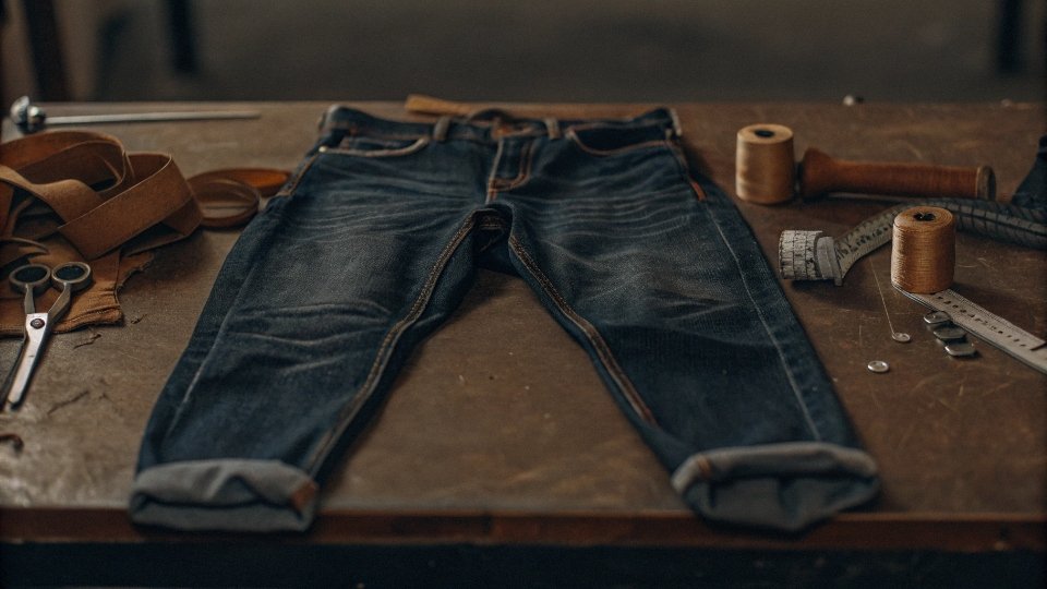 Recutting Overly Baggy Jeans A tailor's workstation with a pair of baggy jeans completely deconstructed for a major alteration.