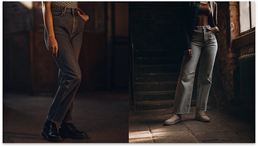 Skinny Jeans vs. Baggy Jeans Generational Divide A split image showing a millennial in classic skinny jeans on one side, and a Gen Z person in baggy jeans on the other.