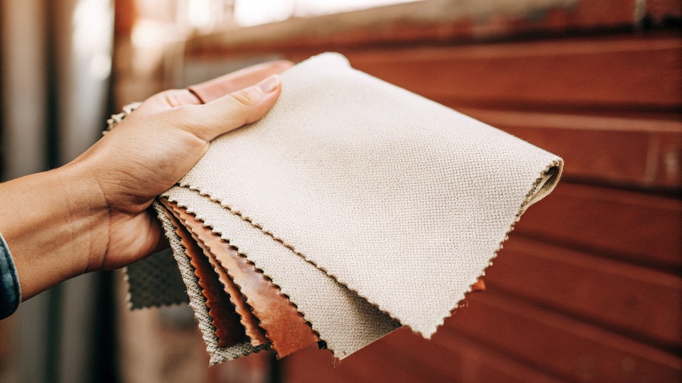 Texture of 12 oz Denim Fabric A hand holding a swatch of 12 oz denim fabric, showing its flexibility and texture.